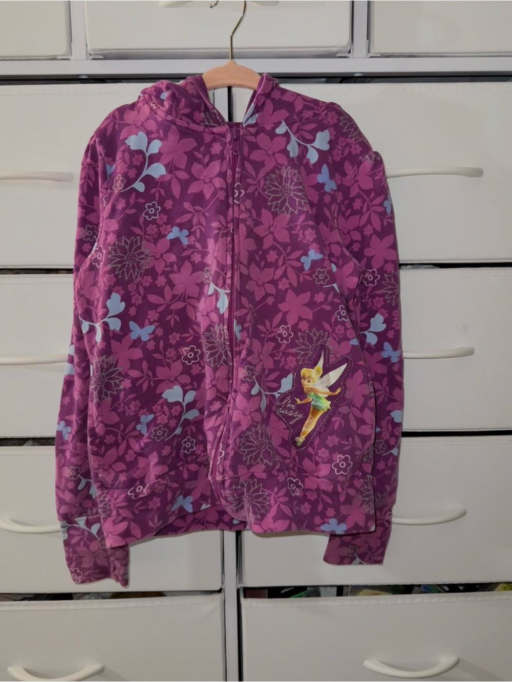 Vintage Y2K Disney Tinker Bell Purple Floral Zip Hoodie Girls 10/12 VGUC